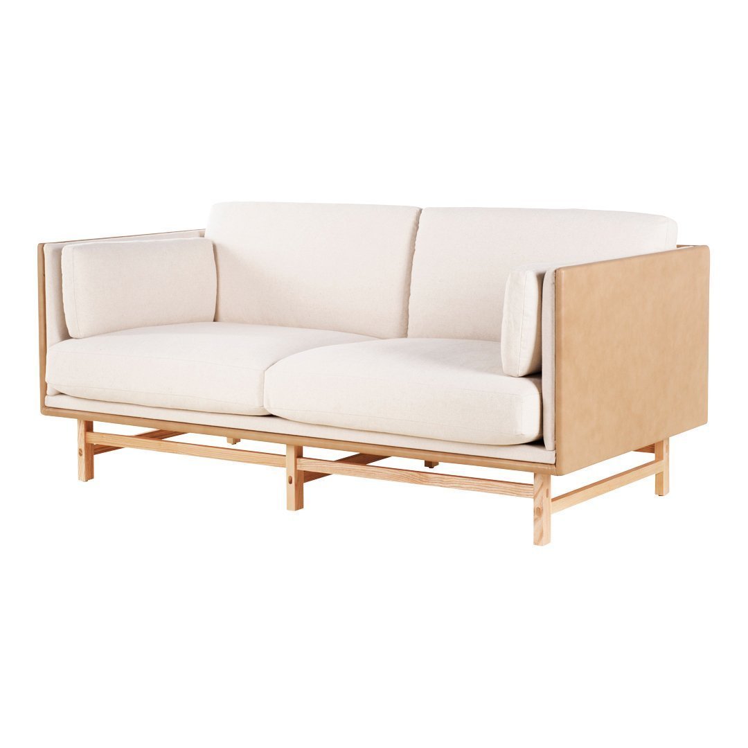 Light beige fabric sofa with minimalist wooden frame and clean lines, perfect for modern decor.