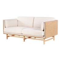 Light beige fabric sofa with minimalist wooden frame and clean lines, perfect for modern decor.