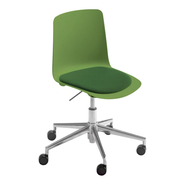 Green ergonomic office chair with a solid green seat, sleek design, and silver base featuring five wheels.