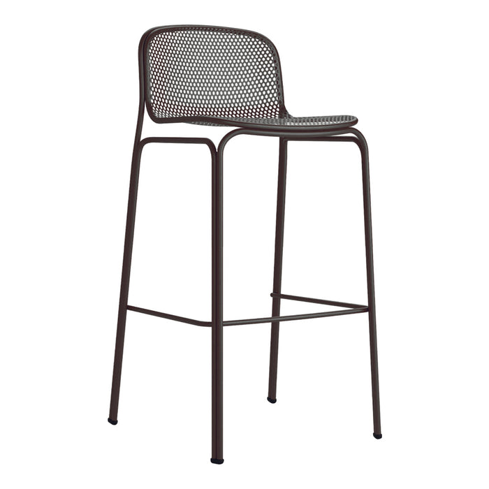 Brown metal bar stool with a geometric mesh pattern on the seat and backrest, featuring a sleek minimalist design.