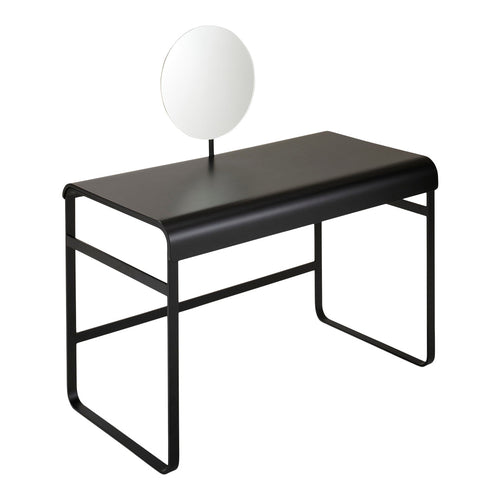 Sleek black desk with minimalist white round mirror, featuring clean lines and modern design. Perfect for contemporary spaces.