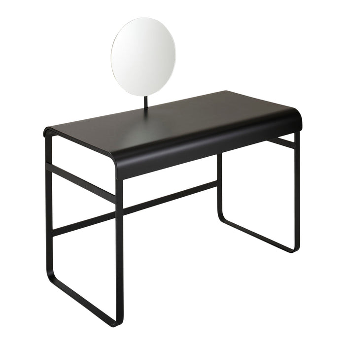 Sleek black desk with minimalist white round mirror, featuring clean lines and modern design. Perfect for contemporary spaces.