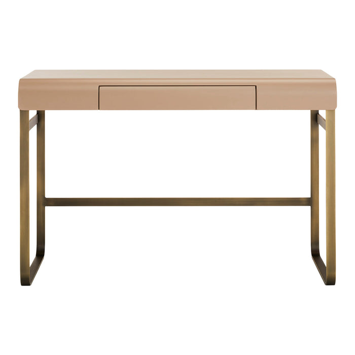 Blush pink desk with a sleek design and gold metal legs, featuring a minimalist drawer for modern elegance.