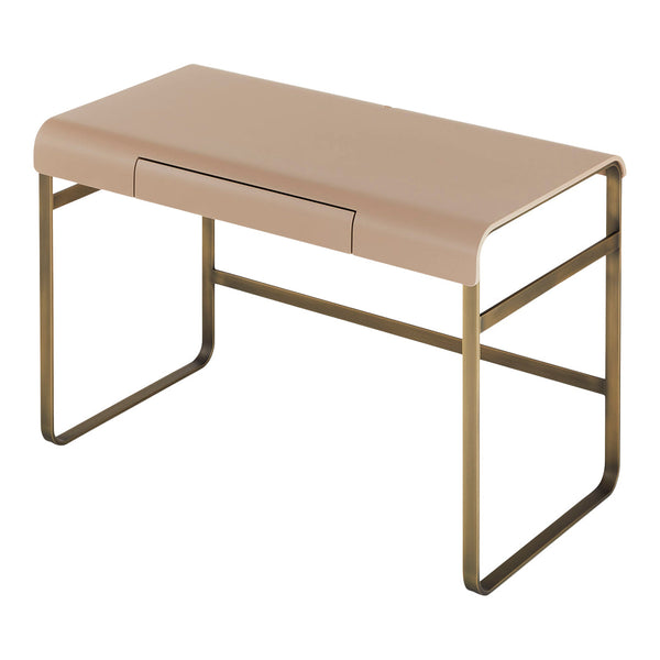 Blush pink desk with a sleek gold metal frame and minimalist design, featuring a subtle drawer.