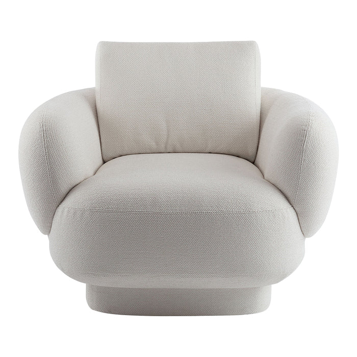 Cream textured upholstery on a modern, rounded accent chair with a minimalist design.
