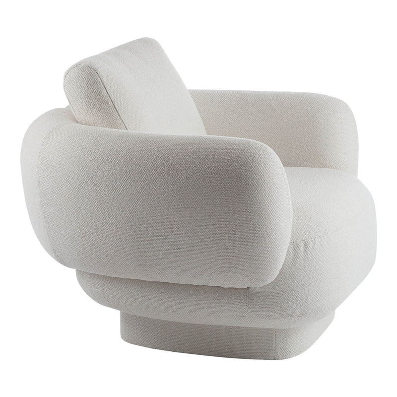 Textured cream upholstery on a modern, oversized armchair with a stylish, rounded design. Perfect for cozy spaces.