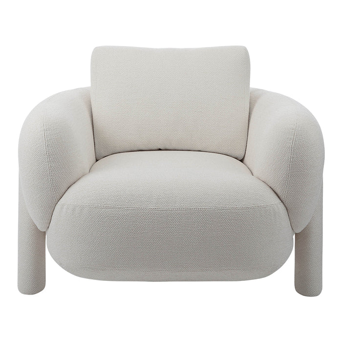 Cream-colored plush armchair with a textured weave pattern for cozy, contemporary decor.