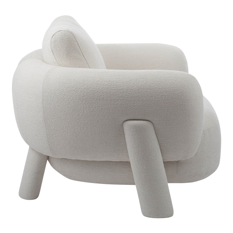 Cream-colored lounge chair with a textured fabric and smooth, rounded lines. Features cylindrical legs for modern appeal.