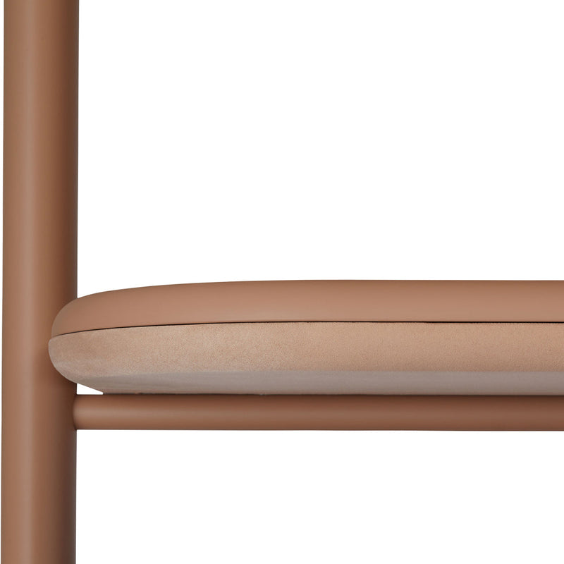 Neutral brown chair with a smooth, light tan cushion. Modern design featuring sleek lines and minimal patterns.