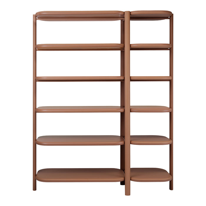 Brown modern bookshelf with sleek curved shelves and a minimalist design, perfect for any contemporary space.