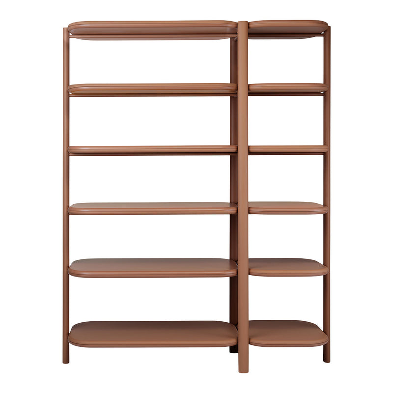 Brown modern bookshelf with sleek curved shelves and a minimalist design, perfect for any contemporary space.