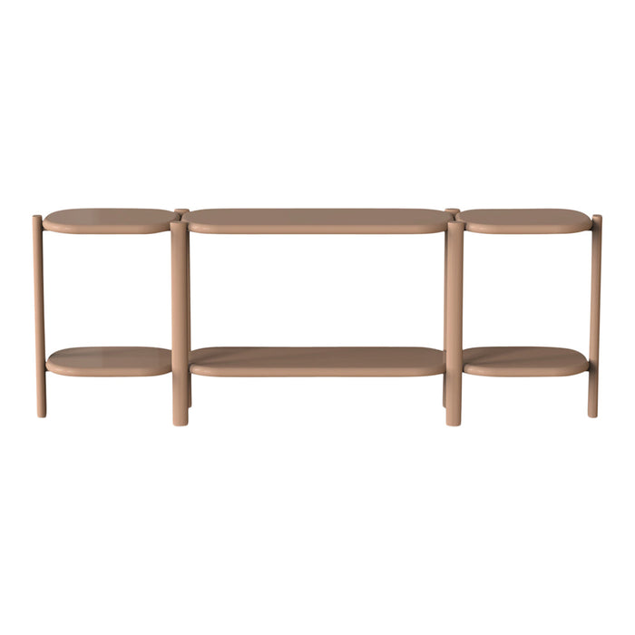 Modern beige furniture with smooth, rounded shelves and legs, featuring a minimalist design and neutral tones.
