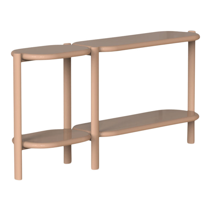 Modern two-tiered shelf in soft beige with rounded edges and minimalistic design. Perfect for stylish storage solutions.
