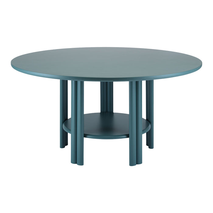 Round teal coffee table with a smooth finish and sleek design, featuring a stylish lower shelf and cylindrical legs.