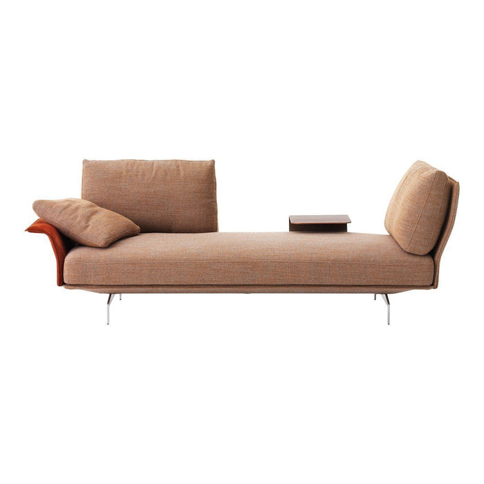 Brown fabric lounge sofa with subtle texture, featuring a sleek orange arm and minimalist design.