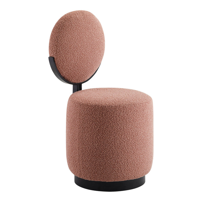 Stylish pink boucle stool with a unique round backrest and sleek black base, perfect for modern interiors.