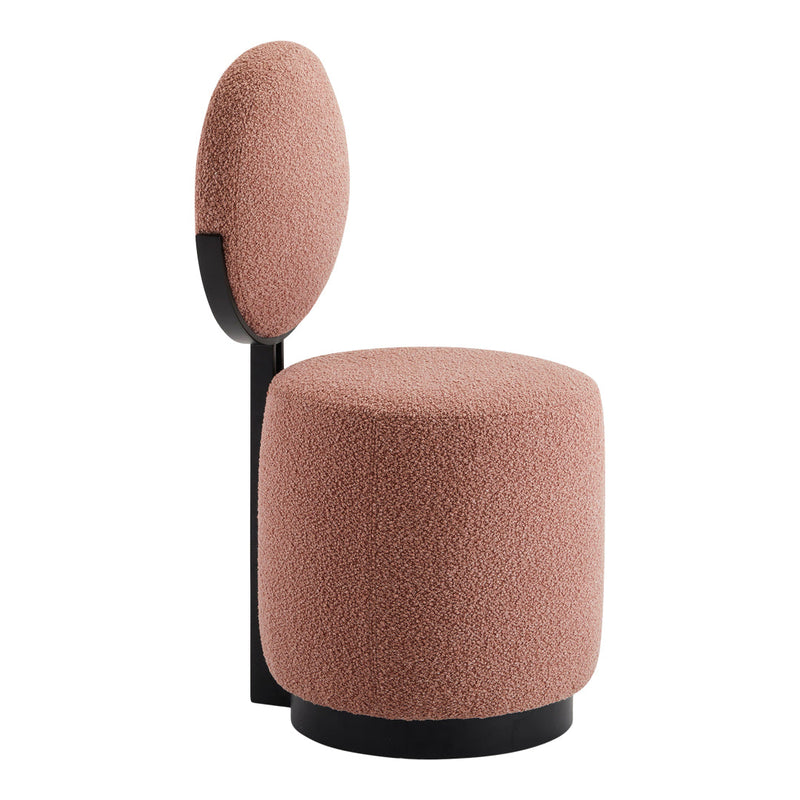 Dusty pink boucle upholstered stool with minimalist black base and rounded backrest. Perfect for modern decor.