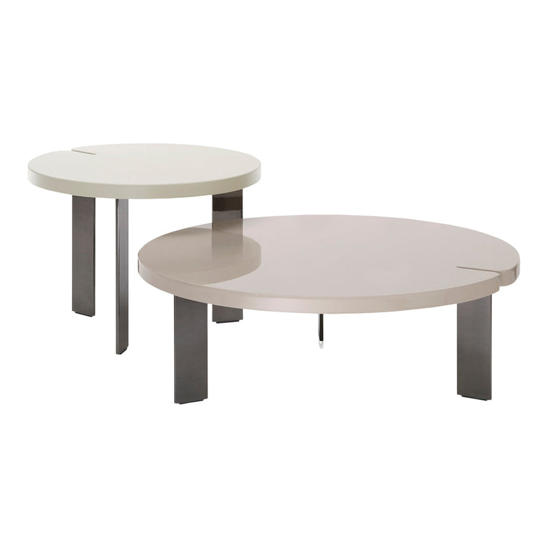 Set of two modern round coffee tables in soft beige and creamy white, featuring sleek, minimalist designs with subtle finishes.