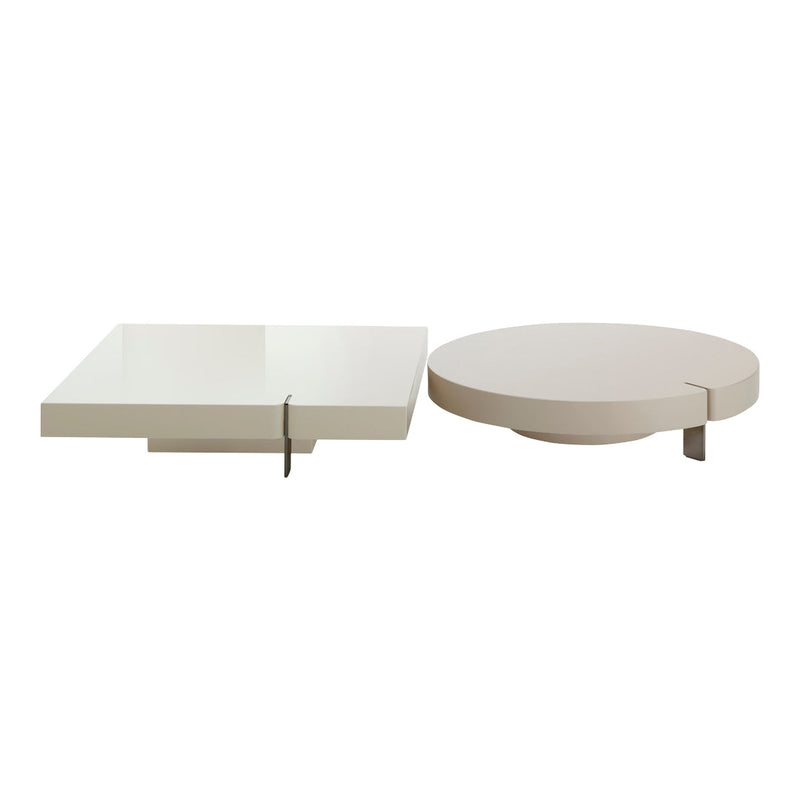 Modern coffee tables in sleek white and soft beige with smooth finishes and minimalist design.
