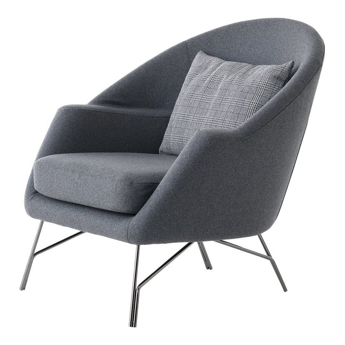 Stylish gray upholstered chair with a smooth finish and subtle patterned accent cushion, featuring sleek metal legs.