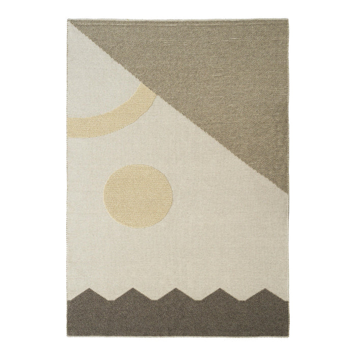 Geometric area rug featuring beige, taupe, and mustard colors with abstract patterns and textures.