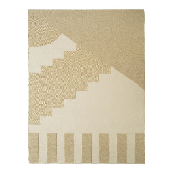 Beige and cream geometric patterned rug featuring stepped and striped designs for modern decor.