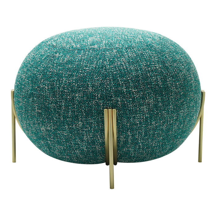 Teal round ottoman with a textured pattern and gold legs, perfect for modern home decor.