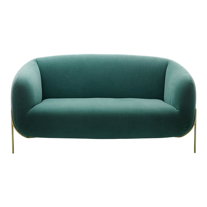 Teal upholstered sofa with a smooth, rounded design and gold metal legs, ideal for modern decor.