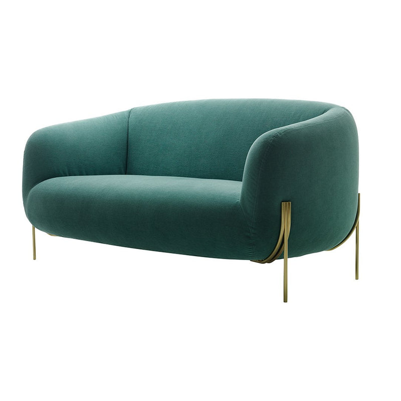 Teal upholstered sofa with a smooth, modern design and gold legs, featuring a minimalist pattern.