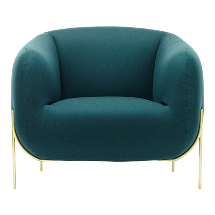 Teal upholstered armchair with a modern, smooth design and sleek gold metal legs. Ideal for chic interiors.