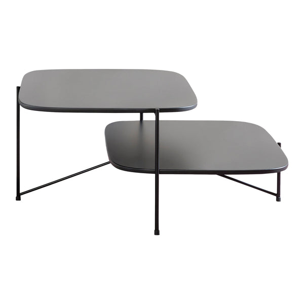 Three modern side tables with sleek gray surfaces and minimalist black and gold metal frames.