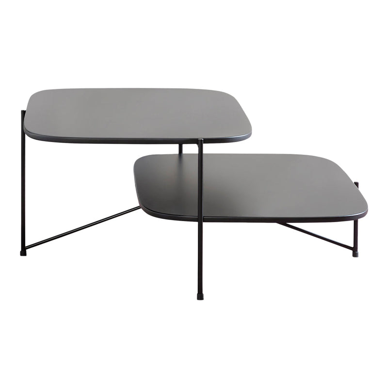 Three modern side tables with sleek gray surfaces and minimalist black and gold metal frames.