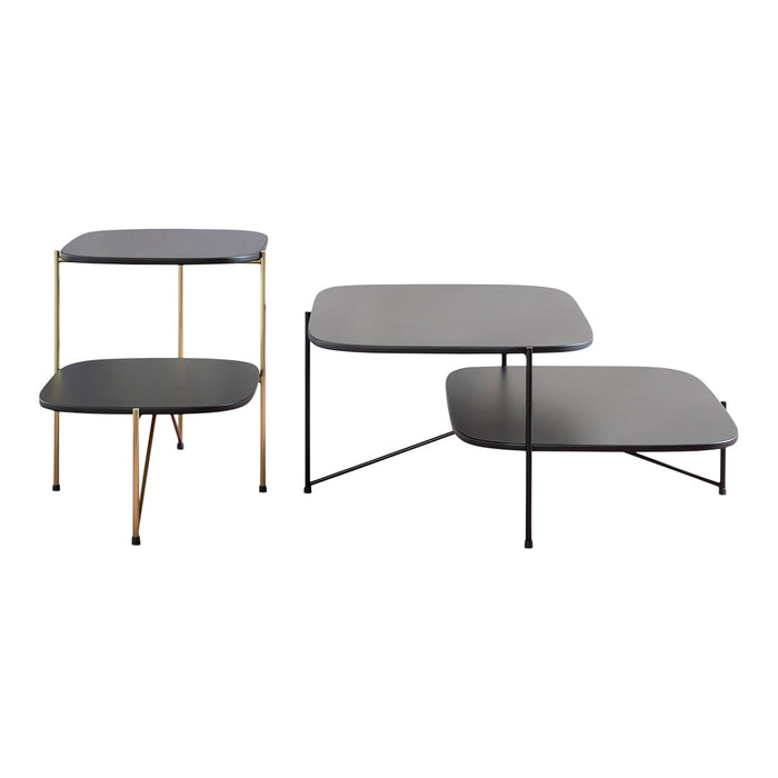 Modern nesting tables in matte gray with sleek black and gold accents, featuring geometric shapes and minimalist design.