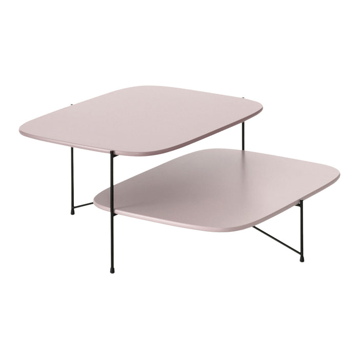Blue and pink minimalist coffee tables with smooth surfaces and sleek metal legs, featuring unique geometric shapes.