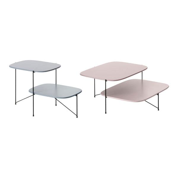 Set of two modern coffee tables in soft blue and pastel pink, featuring sleek, smooth surfaces and simple geometric shapes.