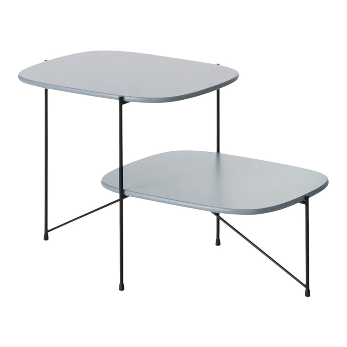 Two-tier coffee table in soft blue with sleek, rounded edges and minimalist black legs. Stylish and modern design.