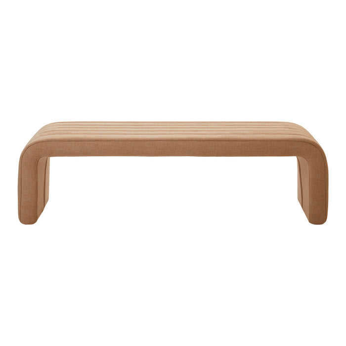 Beige upholstered bench with ribbed texture and smooth curved edges for a modern look.