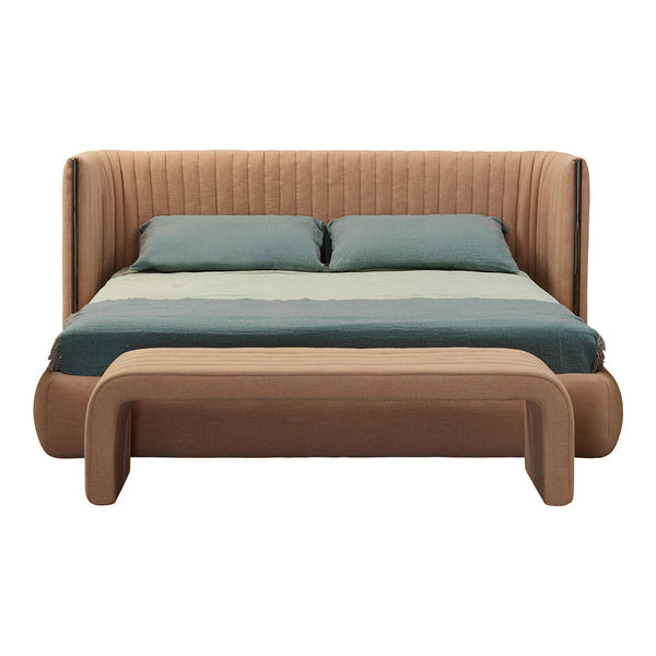 Brown upholstered bed with teal and green striped bedding, featuring a ribbed headboard design. Elegant and modern style.