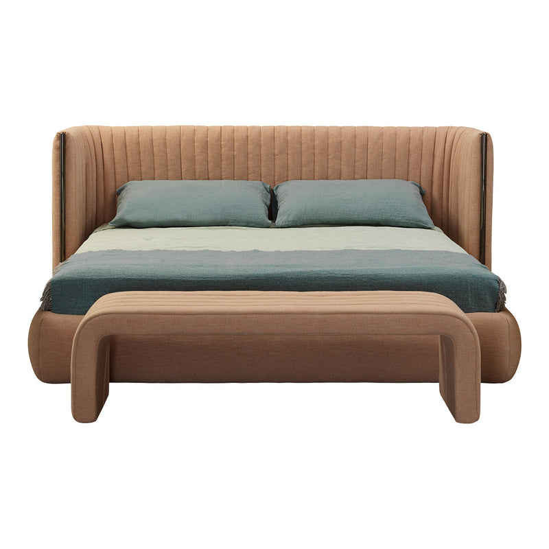 Brown upholstered bed with teal and green striped bedding, featuring a ribbed headboard design. Elegant and modern style.