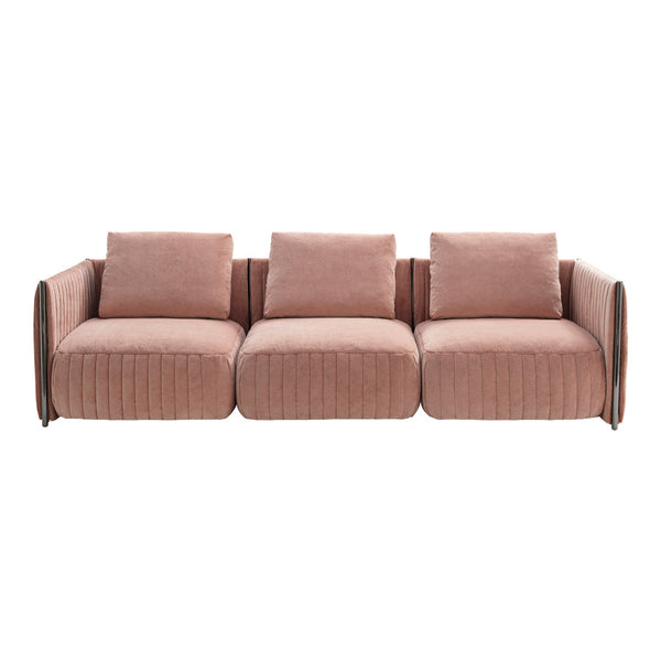 Soft blush pink sofa with a ribbed texture and sleek arm design, perfect for modern living spaces.