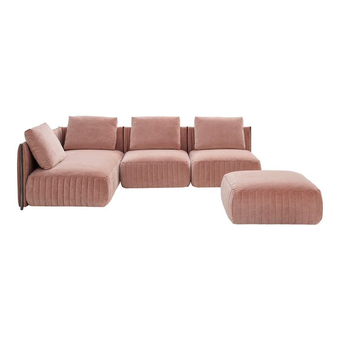 "Blush pink sectional sofa with ribbed texture and plush cushions for a modern, cozy look."