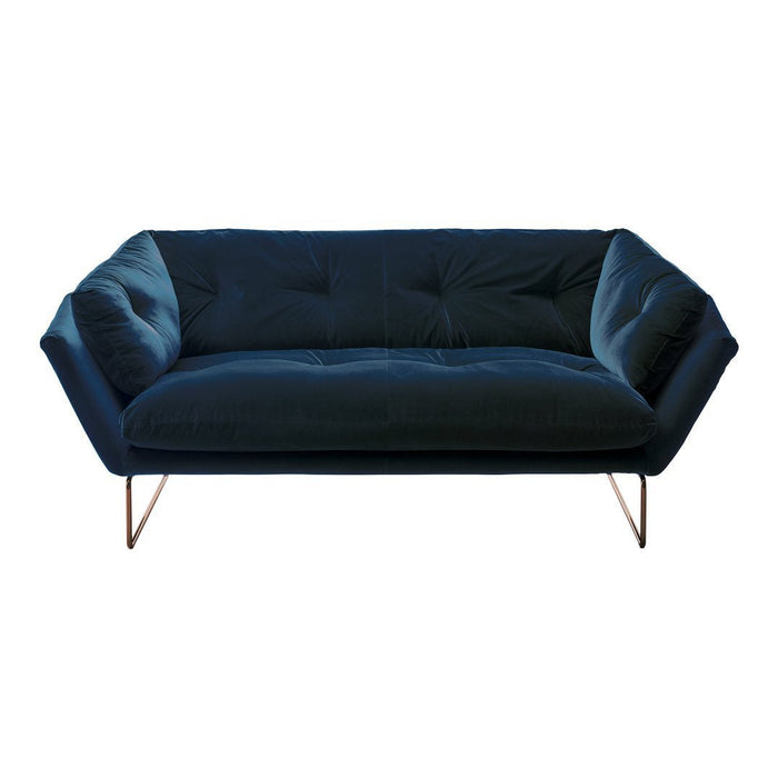 Deep navy blue velvet sofa with tufted upholstery and sleek gold legs, featuring a modern angular design.