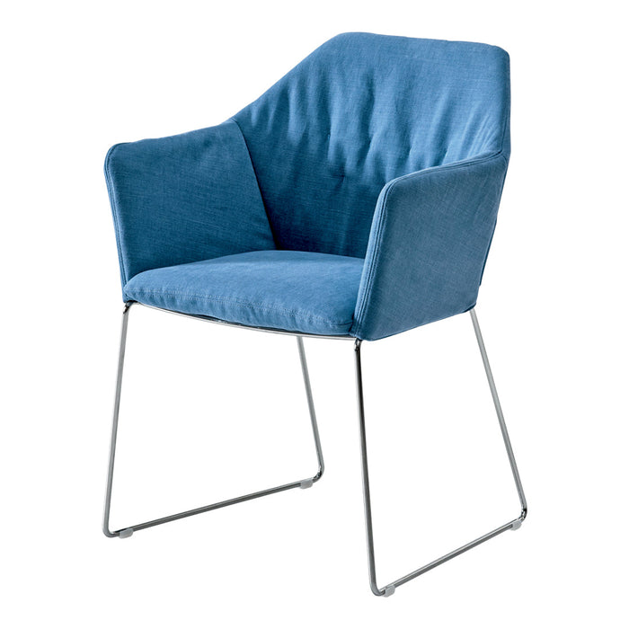 Blue upholstered chair with sleek metal legs, featuring a textured, modern design. Perfect for contemporary decor.