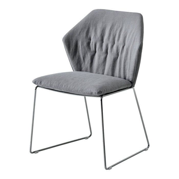 Gray upholstered chair with a textured pattern and sleek metal legs, ideal for modern decor.