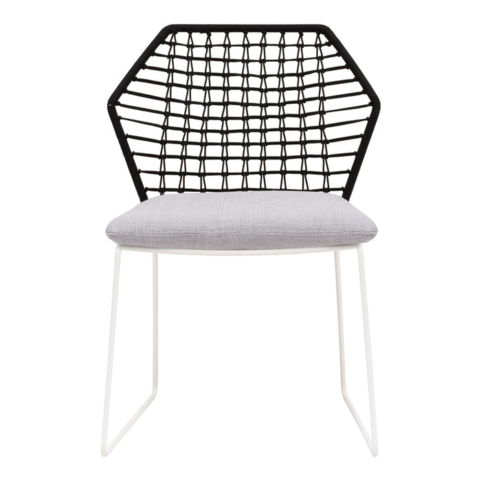 Modern hexagonal chair with a black woven back and light gray upholstered seat on white metal legs.