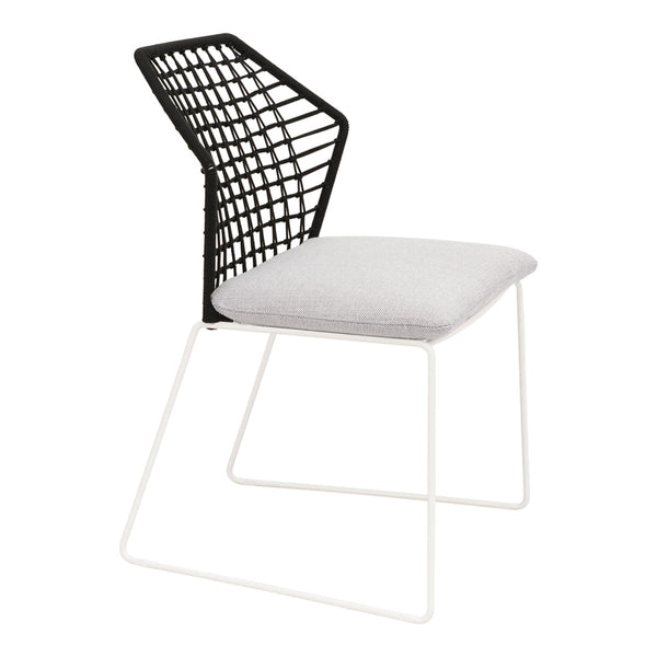 Black wireframe chair with geometric pattern and light gray cushioned seat on a white metal base.