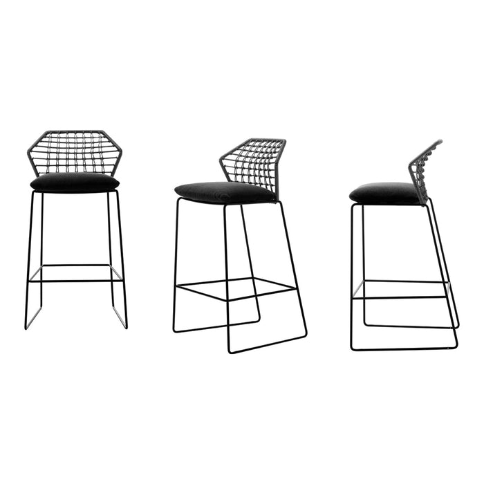 Black wire bar stools with geometric patterns and sleek, minimalist design. Modern style perfect for any setting.