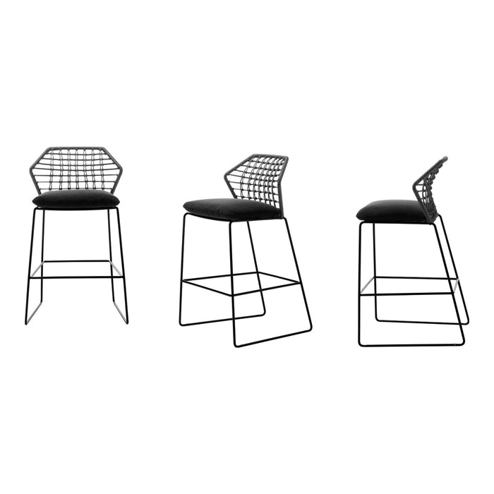 Modern black wire bar stools with geometric patterns and sleek black cushions, showcasing a stylish minimalist design.