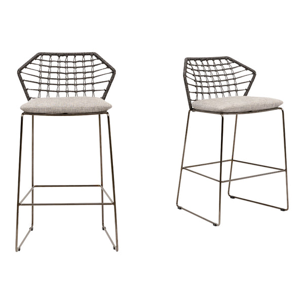 "Set of two modern bar stools featuring a geometric metal frame and neutral beige cushions."