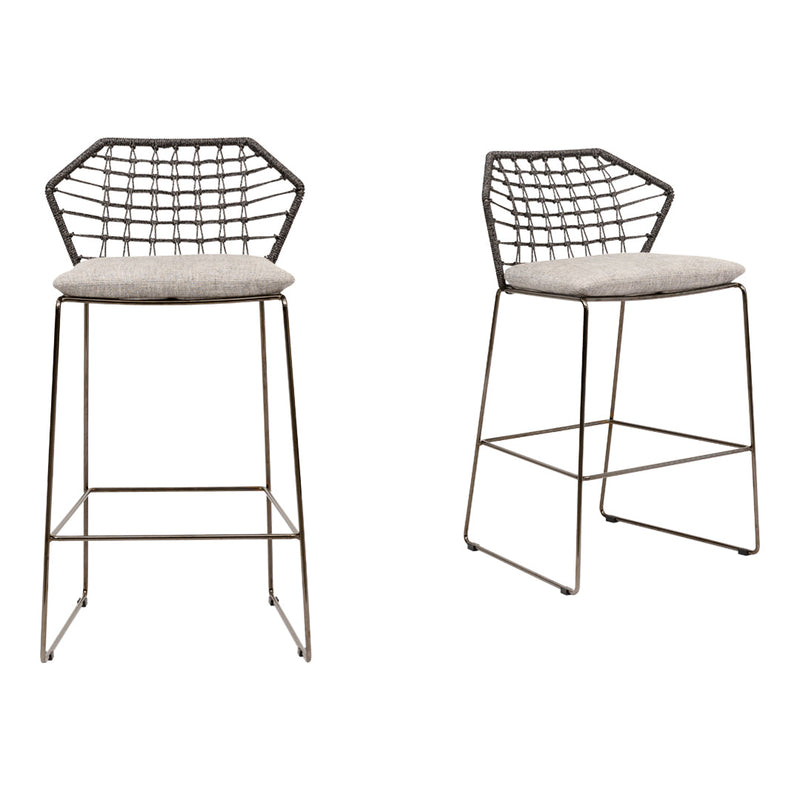 "Set of two modern bar stools featuring a geometric metal frame and neutral beige cushions."